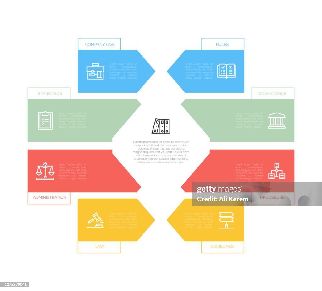 Infographic design template. Company law, rules, standards, governance, administration, procedure, law, guidelines icons with 8 options or steps.