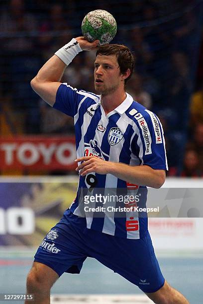 Martin Strobel of Lemgo passes the ball during the Handball Bundesliga match between TBV Lemgo and Rhein Neckar Loewen at Lipperland Hall on...