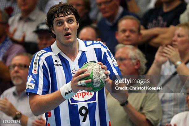 Mait Patrail of Lemgo passes the ball during the Handball Bundesliga match between TBV Lemgo and Rhein Neckar Loewen at Lipperland Hall on September...