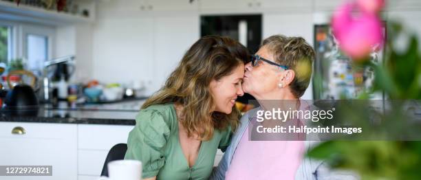 senior mother kissing adult daughter on forehead indoors at home. - senior adult bildbanksfoton och bilder