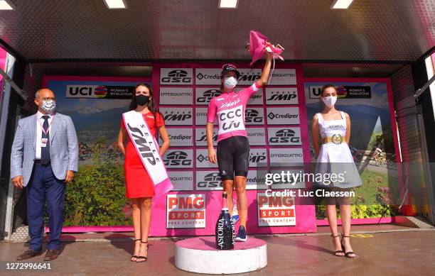 Podium / Marianne Vos of The Netherlands and Team CCC - Liv Purple Points Jersey / Celebration / Miss / Hostess / Mask / Covid safety measures /...