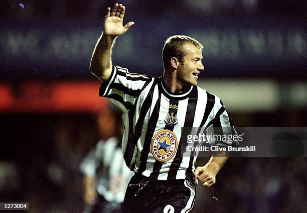Alan Shearer of Newcastle celebrates a goal during the European Cup Winners Cup against Partizan Belgrade played at St James'' Park in Newcastle,...