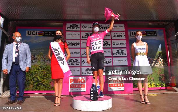 Podium / Marianne Vos of The Netherlands and Team CCC - Liv / Purple Points Jersey / Celebration / Miss / Hostess / Mask / Covid safety measures /...