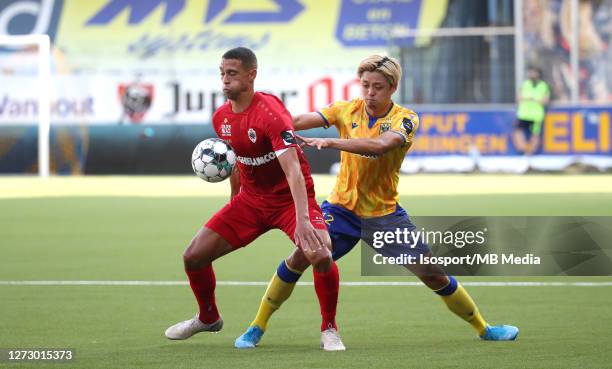 Nill De Pauw of Antwerp battles for the ball with Ko Matsubara of STVV during the Jupiler Pro League match between Sint-Truidense VV and Royal...