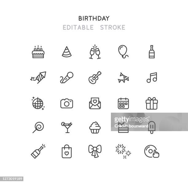 geburtstag linie icons editierbaren strich - birthday icons stock-grafiken, -clipart, -cartoons und -symbole
