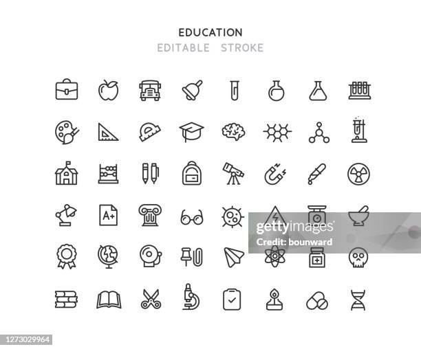 ilustraciones, imágenes clip art, dibujos animados e iconos de stock de colección de iconos de líneas de educación & química trazo editable - school supplies