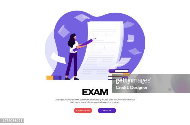 school, exam related vector illustration for landing page template, website banner, advertisement and marketing material, online advertising, business presentation etc. - science technology engineering art math stock illustrations