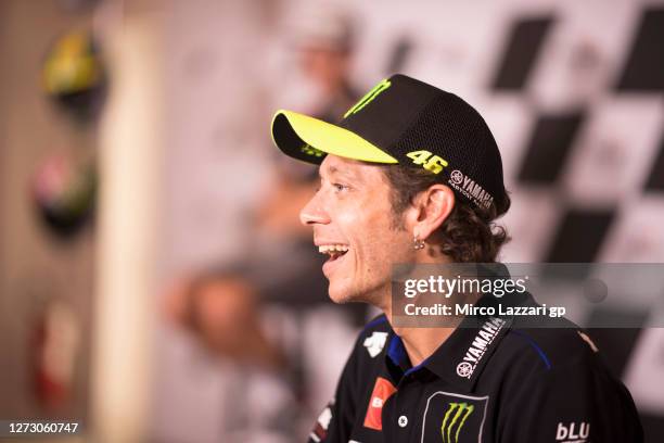 Valentino Rossi of Italy and Monster Energy Yamaha MotoGP Team smiles during the press conference pre - event during the MotoGP Of San Marino -...