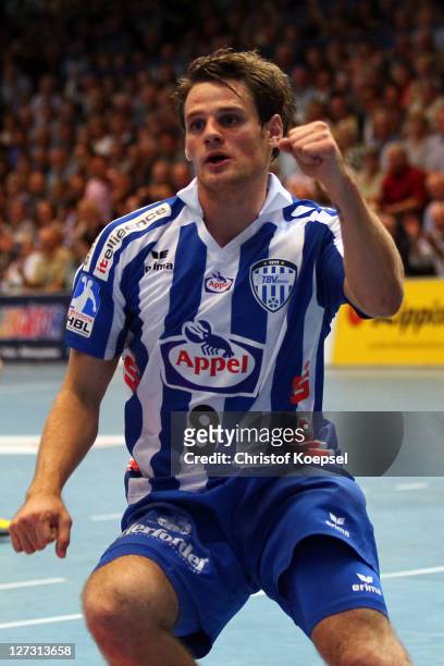 Jens Bechtloff of Lemgo celebrates a goal during the Handball Bundesliga match between TBV Lemgo and Rhein Neckar Loewen at Lipperland Hall on...