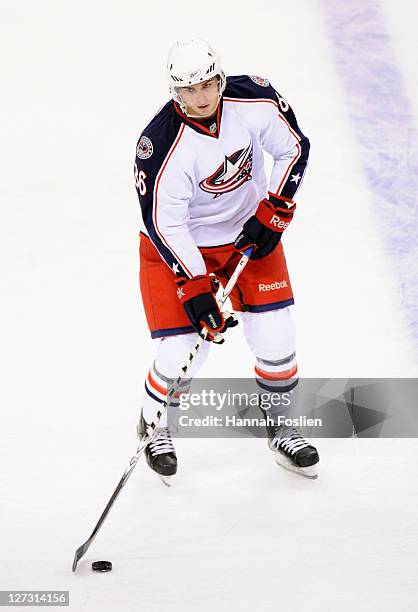 Adam Payerl of the Columbus Blue Jackets handles the puck during warm-ups before the game against the Minnesota Wild on September 23, 2011 at Xcel...