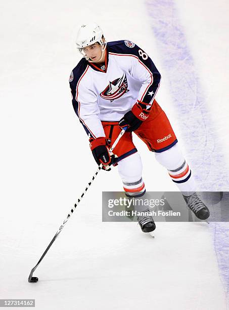 Adam Payerl of the Columbus Blue Jackets handles the puck during warm-ups before the game against the Minnesota Wild on September 23, 2011 at Xcel...