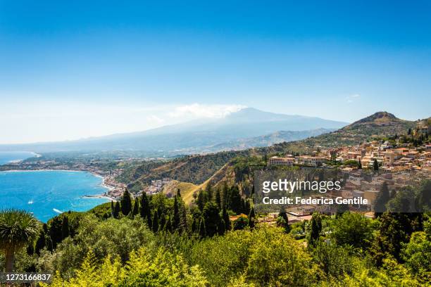 mount etna - view from taormina - taormina stock pictures, royalty-free photos & images