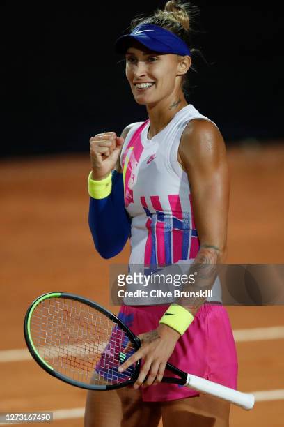 Polona Hercog of Slovenia celebrates in her round two match against Kiki Bertens of The Netherlands during day four of the Internazionali BNL...