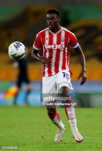 Bruno Martins Indi of Stoke City runs with the ball during the Carabao Cup second round match between Wolverhampton Wanderers and Stoke City at...