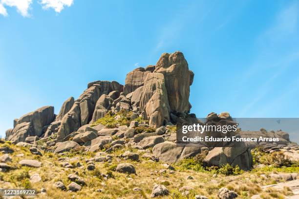 rock formation of the pico das prateleiras and grass vegetation on top of the mountains of the itatiaia national park (parque nacional do itatiaia) - prateleiras stockfoto's en -beelden