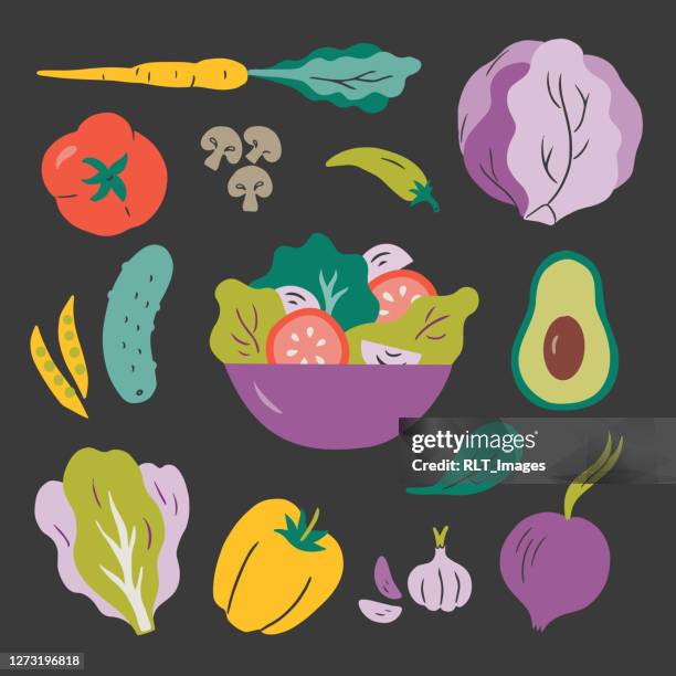 stockillustraties, clipart, cartoons en iconen met illustratie van salade en verse ingrediënten — met de hand getekende vectorelementen - paprika