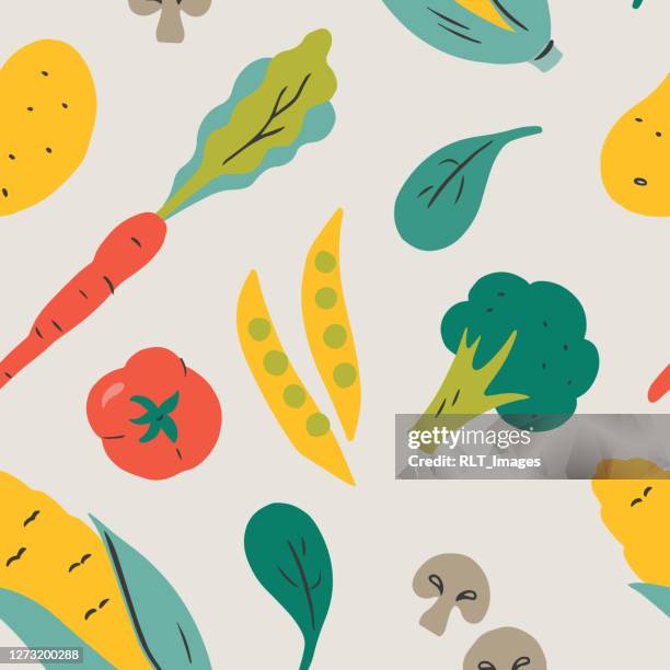 hand-drawn vector seamless repeat pattern of assorted vegetables - broccoli on white stock illustrations