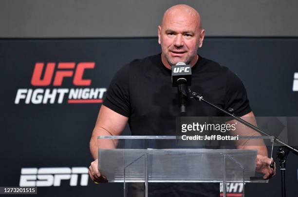 President Dana White interacts with media during the UFC Fight Night press conference at UFC APEX on September 17, 2020 in Las Vegas, Nevada.
