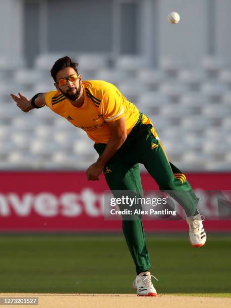 Imad Wasim of Notts bowls during the T20 Vitality Blast match between Notts Outlaws and Derbyshire Foxes at Trent Bridge on September 17, 2020 in...