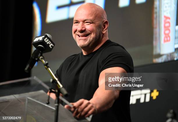 President Dana White interacts with media during the UFC Fight Night press conference at UFC APEX on September 17, 2020 in Las Vegas, Nevada.