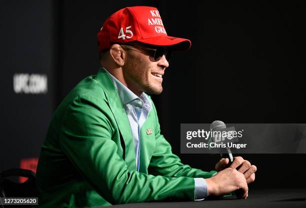 Colby Covington interacts with media during the UFC Fight Night press conference at UFC APEX on September 17, 2020 in Las Vegas, Nevada.