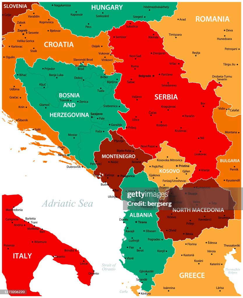 Colored Vintage Map of Central Balkan Region with Romania, Greece, Serbia, Montenegro, Croatia, Italy and Albania Geographical Borders