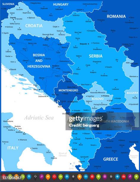 karte der region zentralbalkan. europa blaue illustration mit griechenland, nordmakedonien, italien, rumänien, montenegro und kroatien geografische grenzen - geographical border stock-grafiken, -clipart, -cartoons und -symbole