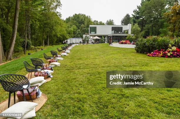 View of the socially distanced seating arrangement during the Christian Siriano Collection 37 2020 Fashion Show on September 17, 2020 in Westport,...