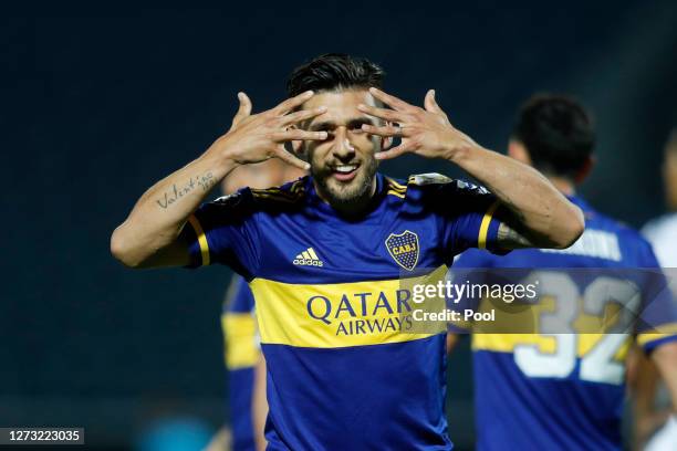 Eduardo Salvio of Boca Juniors celebrates after scoring the opening goal during a group H match of Copa CONMEBOL Libertadores 2020 between Libertad...