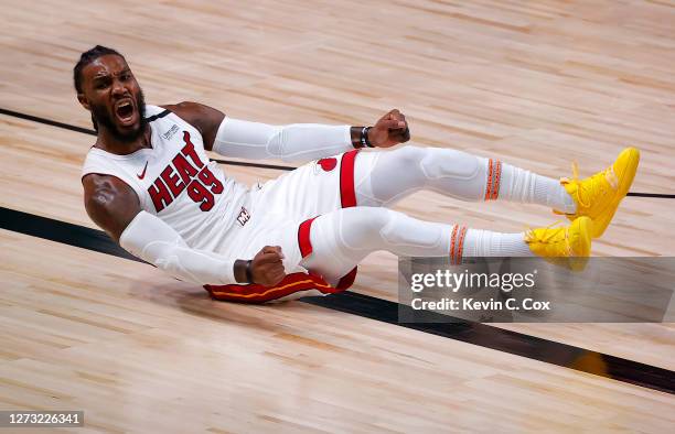 Jae Crowder of the Miami Heat reacts to a three point basket basket and a foul during the third quarter against the Boston Celtics in Game Two of the...