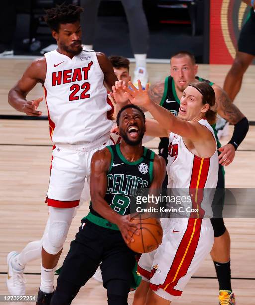 Kemba Walker of the Boston Celtics drives the ball against Kelly Olynyk of the Miami Heat during the fourth quarter in Game Two of the Eastern...