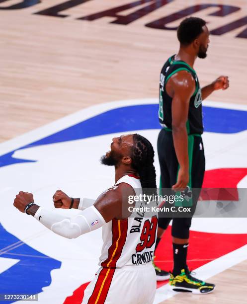 Jae Crowder of the Miami Heat reacts during the fourth quarter against the Boston Celtics in Game Two of the Eastern Conference Finals during the...