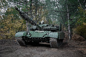 panzer T-64  on combat duty in a coniferous forest
