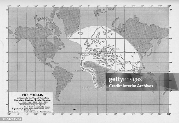 Map showing the known world at the time of Columbus, highlighting the primary eastern trade routes controlled by Venice and Genoa, and the Middle...