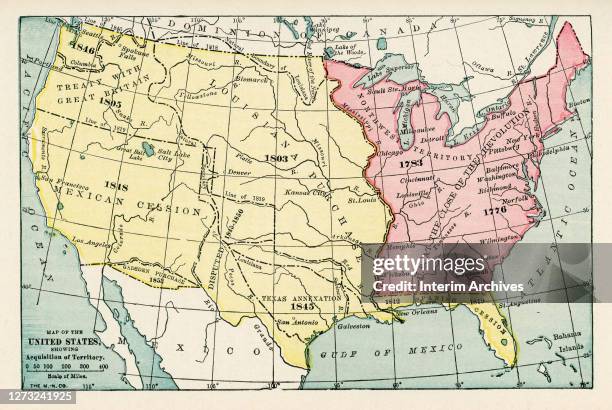Color coded map showing the progressive acquisition of territory of the United States, starting from the states at the close of the American...