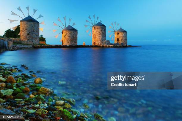 windmills, chios, greece - north aegean greece stock pictures, royalty-free photos & images