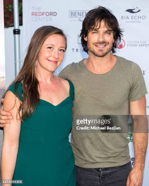 Rebecca Harrell and lan Somerhalder attend "Kiss The Ground" Los Angeles Drive-In Special Screening at Andaz West Hollywood on September 17, 2020 in...