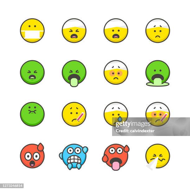 emoticons sammlung flaches design und linienkunst - brechreiz stock-grafiken, -clipart, -cartoons und -symbole