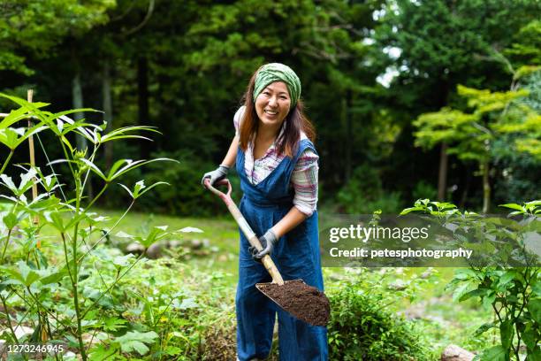 gartenarbeit zu hause frau schaufelt schmutz - graben körperliche aktivität stock-fotos und bilder