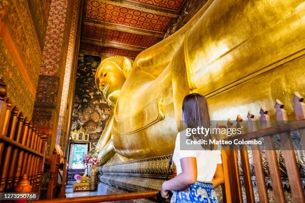 woman looking at the golden buddha, wat pho, bangkok - wat pho - fotografias e filmes do acervo