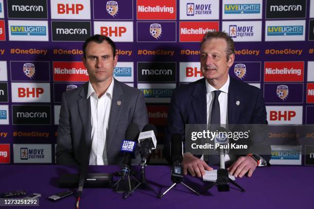 Richard Garcia and Tony Pignata of the Glory address the media during a Perth Glory A-League Media Opportunity at Glory HQ on September 18, 2020 in...