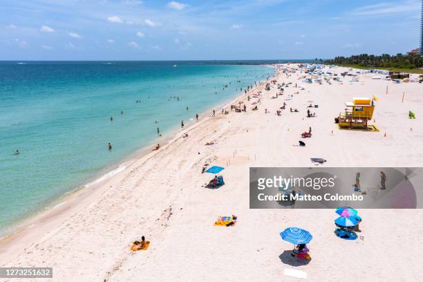 aerial view of south beach in summer, miami, florida - lifeguard tower bildbanksfoton och bilder