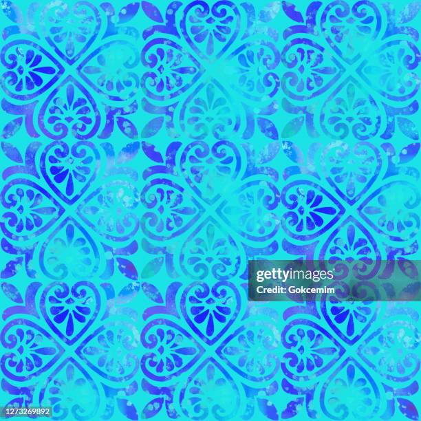 watercolor hand painted navy blue tile. seamless moroccan ceramic pattern. vector tile pattern, lisbon arabic floral mosaic, mediterranean seamless navy blue ornament. - damask background stock illustrations