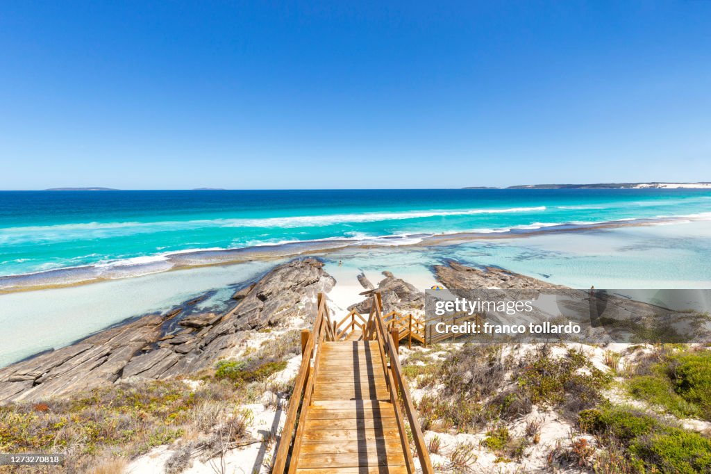 The amazing beaches in Esperance, with shallow water, blue sky, blue colors of indian ocean and rocks