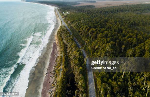 road next to coast and native forest. - new zealand business stock pictures, royalty-free photos & images