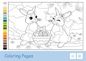 Colorless contour image of cute couple of Easter rabbits with Easter eggs in a basket and suggested palette. Wild animals preschool kids coloring book vector illustrations