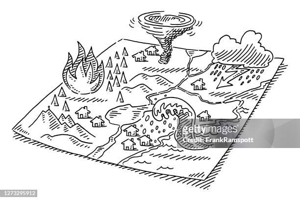 natural disaster symbols on map drawing - natural disaster stock illustrations