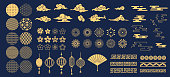 Chinese elements. Asian new year gold decorative patterns and lanterns, flowers, clouds and ornaments traditional oriental style vector set