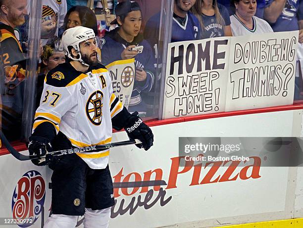 During pre-game warmups the Bruins Patrice Bergeron was in front of a "Boston Pizza" advertisement that has been changed to read "Vancouver Pizza"...