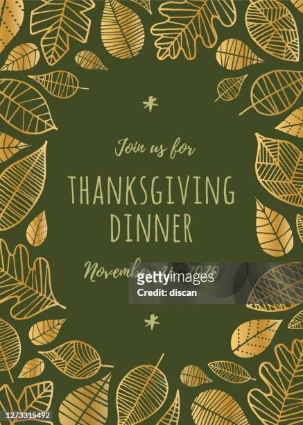 ilustraciones, imágenes clip art, dibujos animados e iconos de stock de feliz tarjeta de felicitación del día de acción de gracias con hojas doradas. - thanksgiving holiday